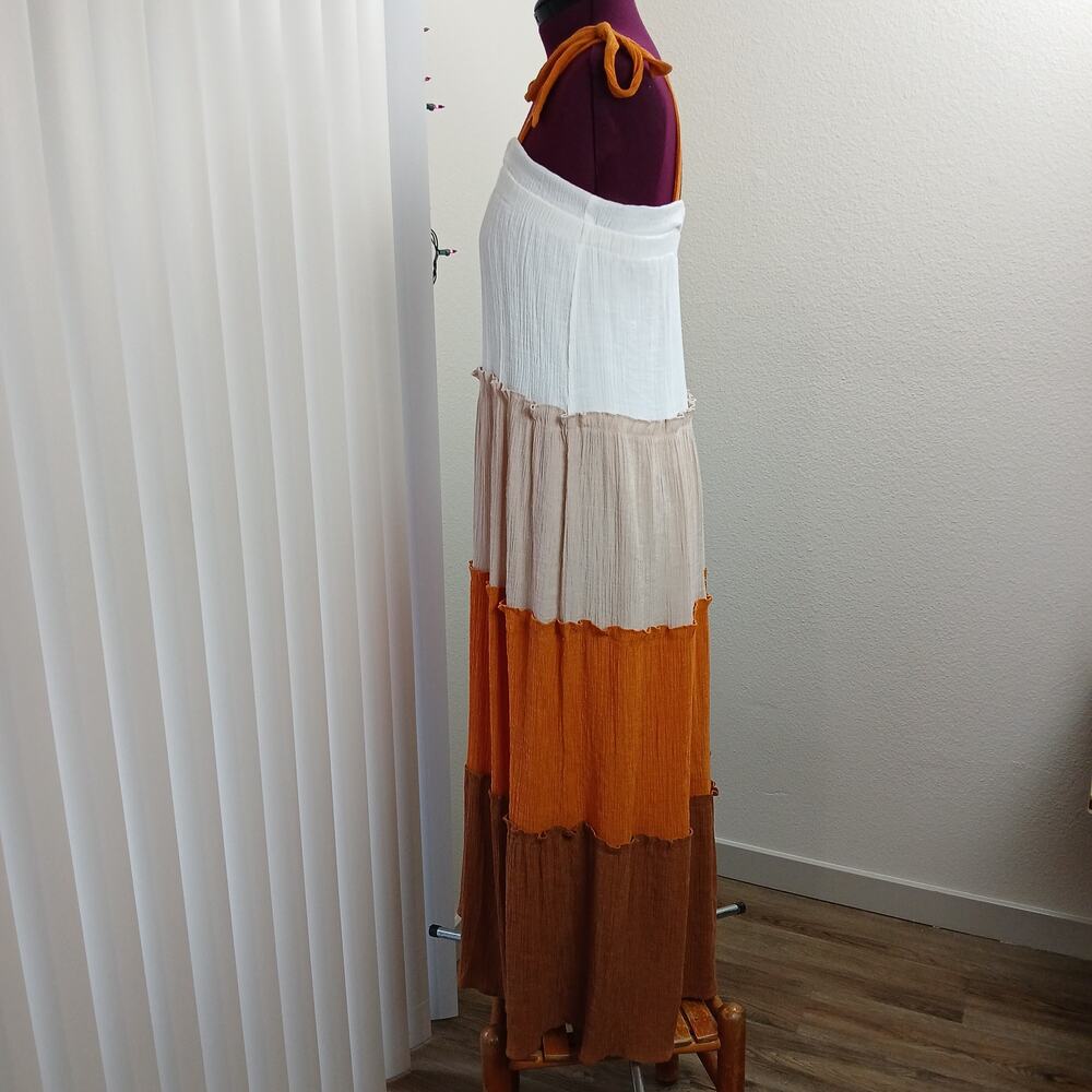 Blu Pepper Tiered Maxi Sundress S white tan orange brown colorblock lined - Picture 2 of 12
